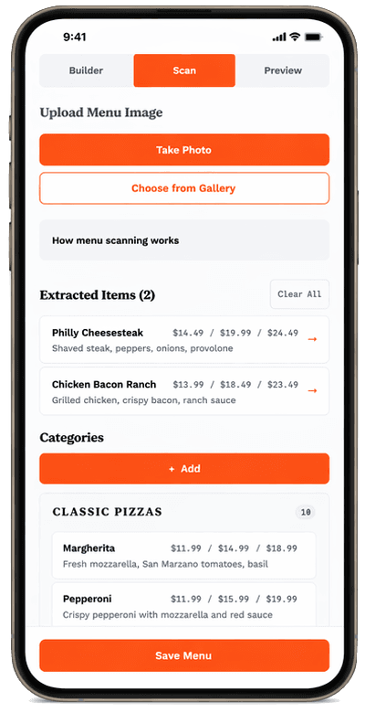 Phone screen showing the scan tab with extracted menu items and categories.