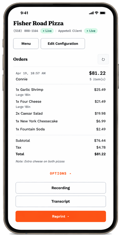 Phone screen showing an incoming order with item list, totals, and recording options.